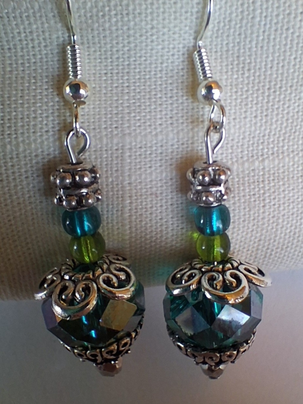 Handcrafted Teal Crystal Dangle Earrings With Silver Tone Caps